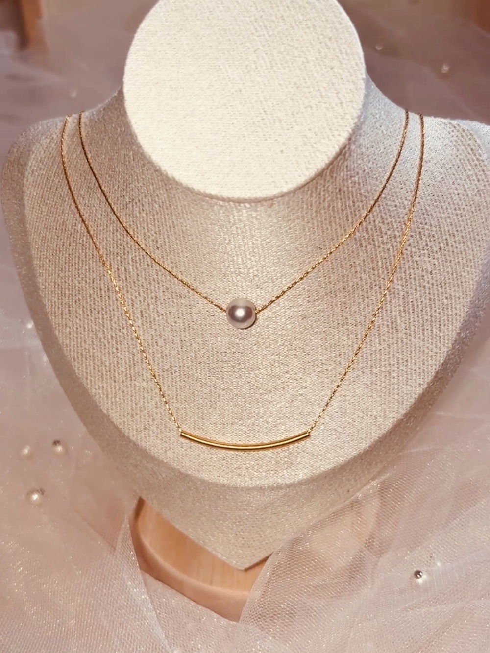 Gold Double-Layer Pearl & Bar Necklace - Women's Jewelry